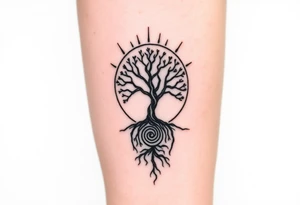 Tree inside of sun, spiral circle roots. A spiral line moving to the right tattoo idea