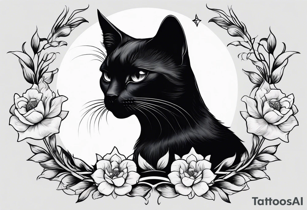 Photo realistic black cat head only facing forward add flowers shaped in a crescent moon facing sideways tattoo idea