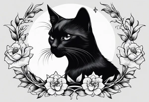 Photo realistic black cat head only facing forward add flowers shaped in a crescent moon facing sideways tattoo idea