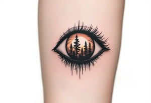 An eye silhouette containing a detailed forest landscape at sunrise, realistic shading, warm colors for the light, blackwork for the forest. tattoo idea