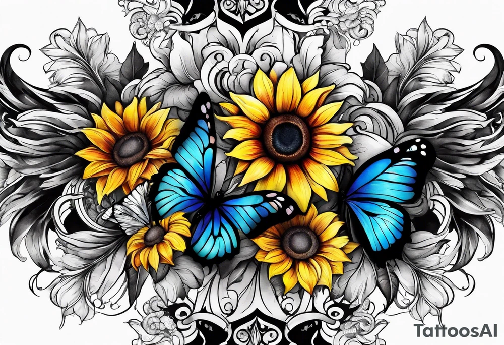 arm sleeve with cross, rainbow sunflowers and butterflies tattoo idea