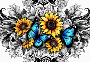 arm sleeve with cross, rainbow sunflowers and butterflies tattoo idea