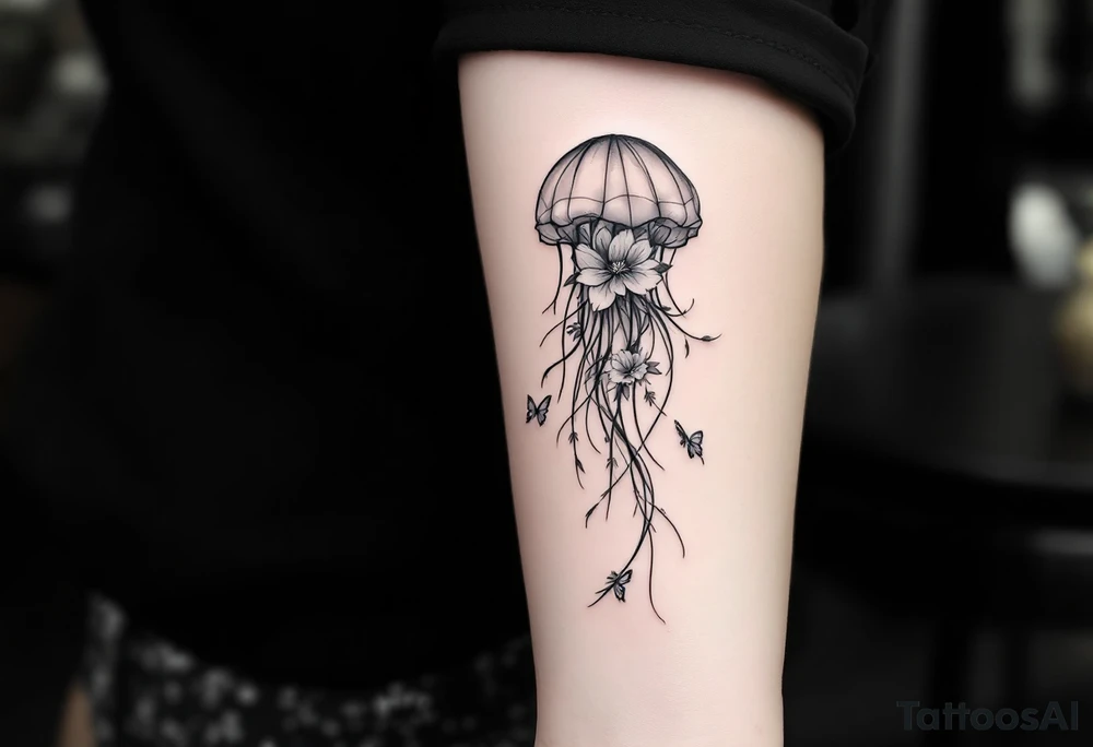 fine-line tattoo, single jellyfish, flowers butterflies composition, jellyfish bell blossoms, butterfly wing dome, flowing trailing tentacles, floral vine tentacles, tentacle streamers, overlapping blossom bell, minimalist elegant design, nature-inspired, delicate black grey lines, soft shading, no outlines, outline-free design, floral jellyfish, botanical sea creature, organic flow, upper arm shoulder placement, light airy feel, poetic minimalism, vine-shaped tentacles, petal tentacle flow, blossom bell composition, wing dome structure, delicate linework, soft botanical shading, nature creature fusion, minimalist intricacy, elegant simplicity, flowing organic movement, shoulder arm curve, lightweight design, subtle detail work, refined botanical elements, understated complexity, clean minimalist lines, gentle nature fusion, trailing floral streamers, jellyfish bell florals, butterfly wing bell, flowing tentacle vines tattoo idea