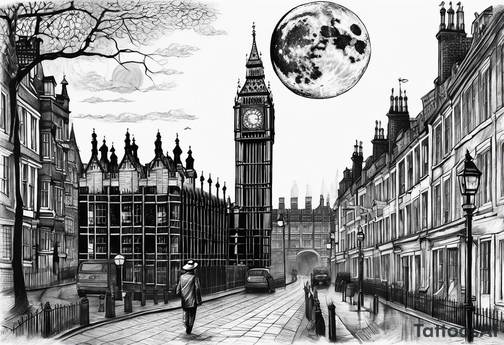 Old London with Big Ben, houses, street, man with hat and the moon tattoo idea