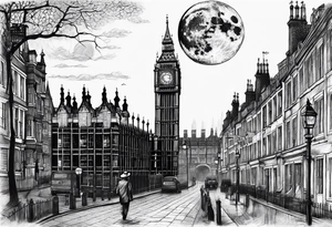 Old London with Big Ben, houses, street, man with hat and the moon tattoo idea