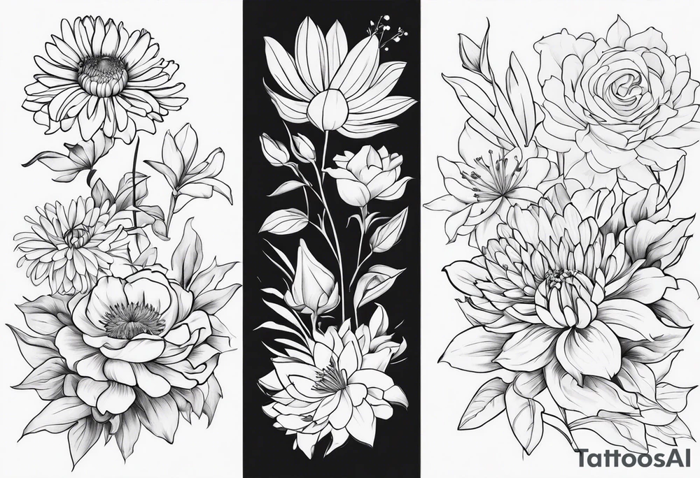Asters, roses, lily, and chrysanthemums sleeve tattoo idea
