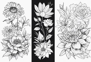 Asters, roses, lily, and chrysanthemums sleeve tattoo idea