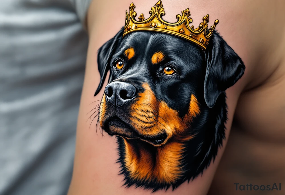 Rottweiler with Crown – A proud black and tan Rottweiler wearing a worn gold crown, symbolizing loyalty and strength. Hyper-realistic fur texture with warm amber eye details. tattoo idea