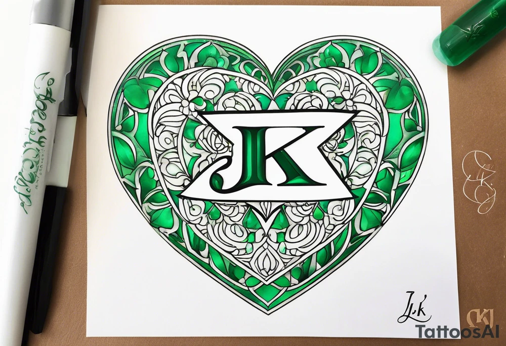 Emerald heart with “J+K” tattoo idea