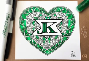 Emerald heart with “J+K” tattoo idea