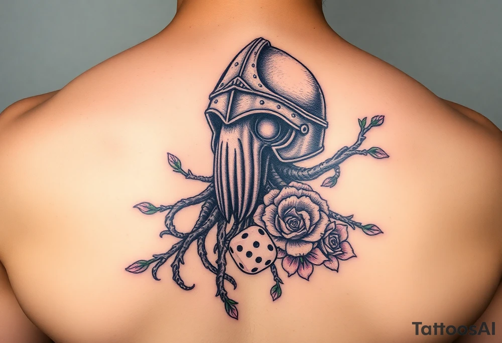 squid knight helmet combined with tree roots, cherry blossoms and roses rolling dice tattoo idea