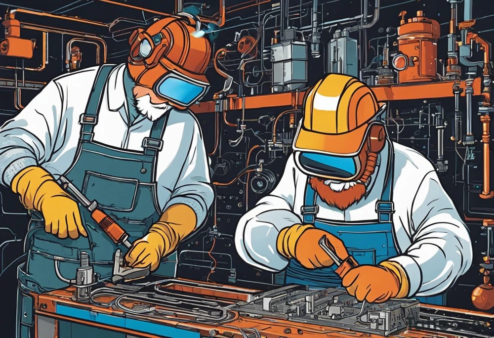 Two 60-year-old characters working together on creating a big mechanism made of iron, gems and electronic circuits. The first character is a welder, dressed in a welding suit and mask. The second character is a fitter, wearing a shirt with sleeves rolled up to the forearms and a tool belt. has no hat. The mechanism they are working on should be in the center of the drawing, should look like a human heart and to be 1\5 of the whole immage.  Characters positioned on either side of the mechanism. tattoo idea