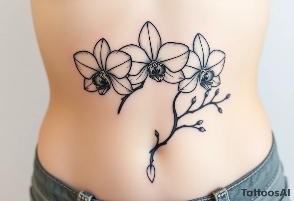 3 delicate fine line orchids realistic with a mix with vagina and branching tattoo idea