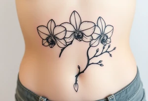 3 delicate fine line orchids realistic with a mix with vagina and branching tattoo idea