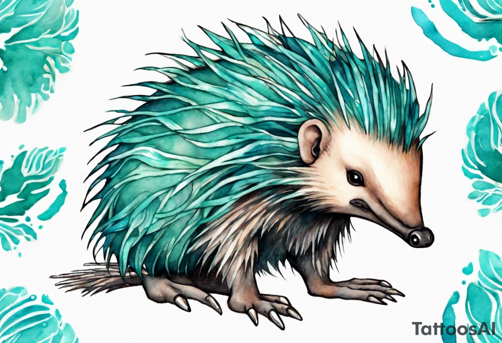 A beautiful Echidna with turquois scales and teal hair. tattoo idea