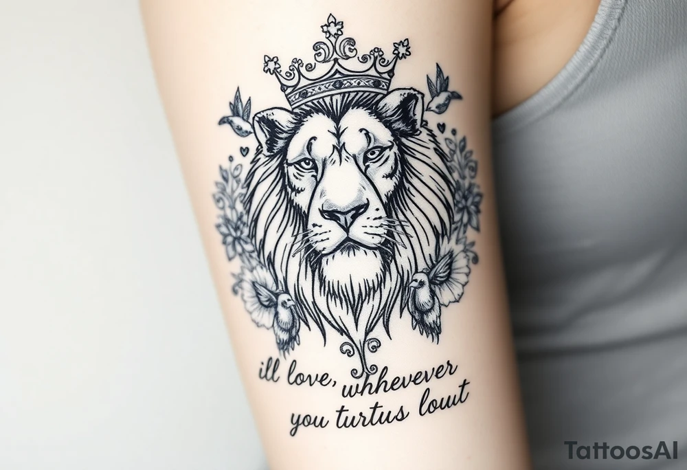 powerful majestic lion with a crown, surrounded by floral ornaments and birds. Written underneath "ill love whoever you turn out to be" tattoo idea