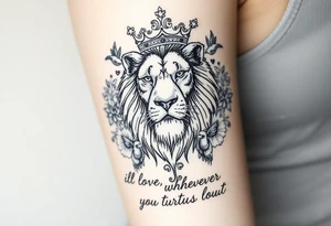 powerful majestic lion with a crown, surrounded by floral ornaments and birds. Written underneath "ill love whoever you turn out to be" tattoo idea