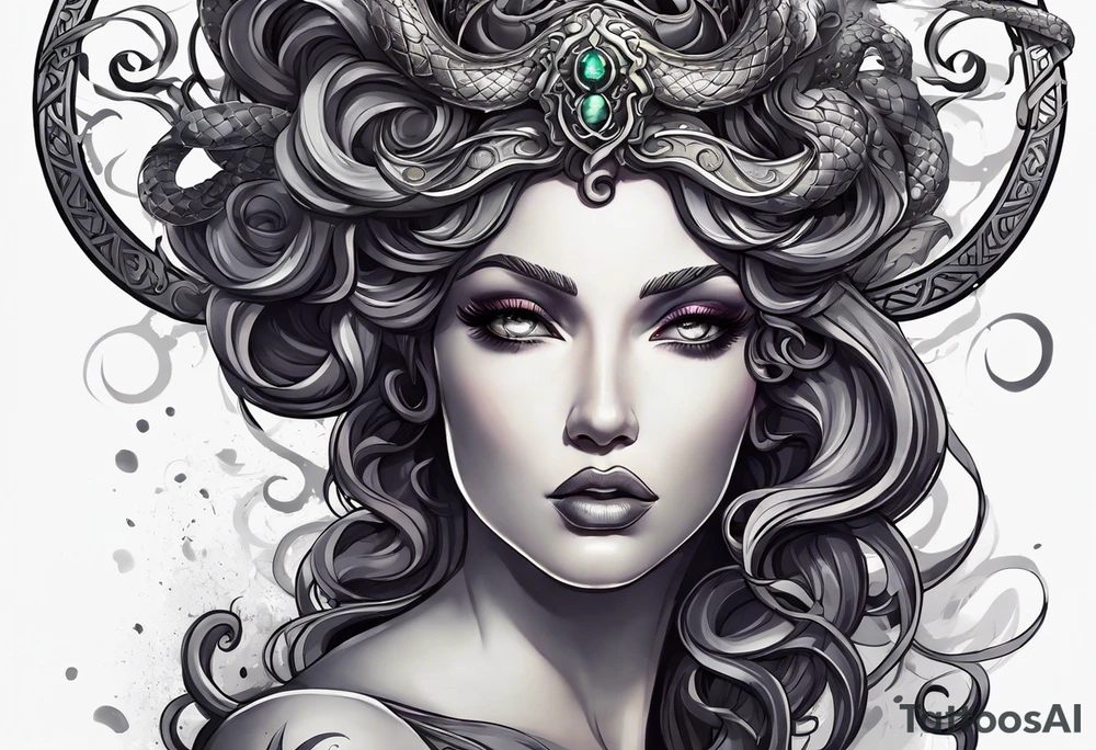 Medusa head with a mysterious expression, capturing both her allure and danger. Blend dream-like qualities with the striking figure of Medusa. Render on a thigh tattoo idea