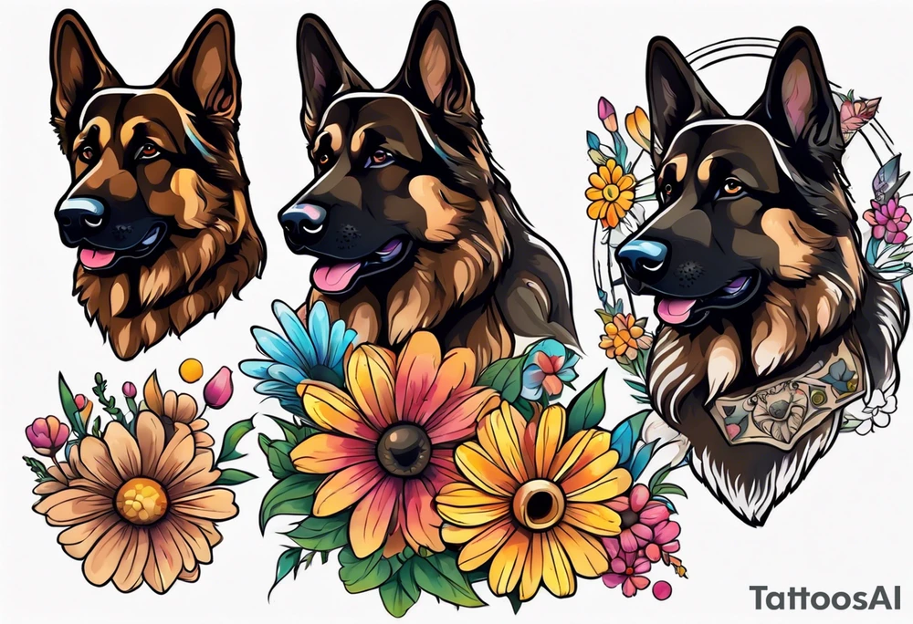 Dark Brown German shepherd portrait surrounded by  colorful daisies tattoo idea