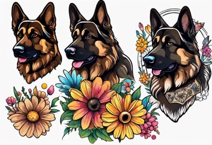 Dark Brown German shepherd portrait surrounded by  colorful daisies tattoo idea