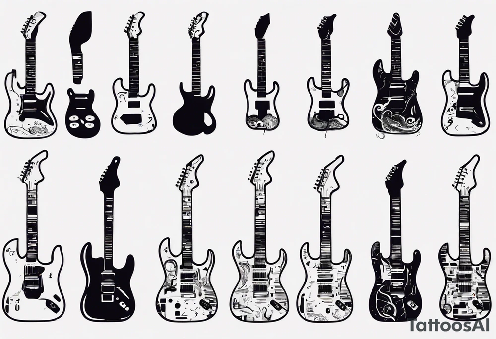 Create a unique tattoo design inspired by my passion for the electric guitar and video games. It could be an abstract representation of musical notes and pixel graphics. tattoo idea