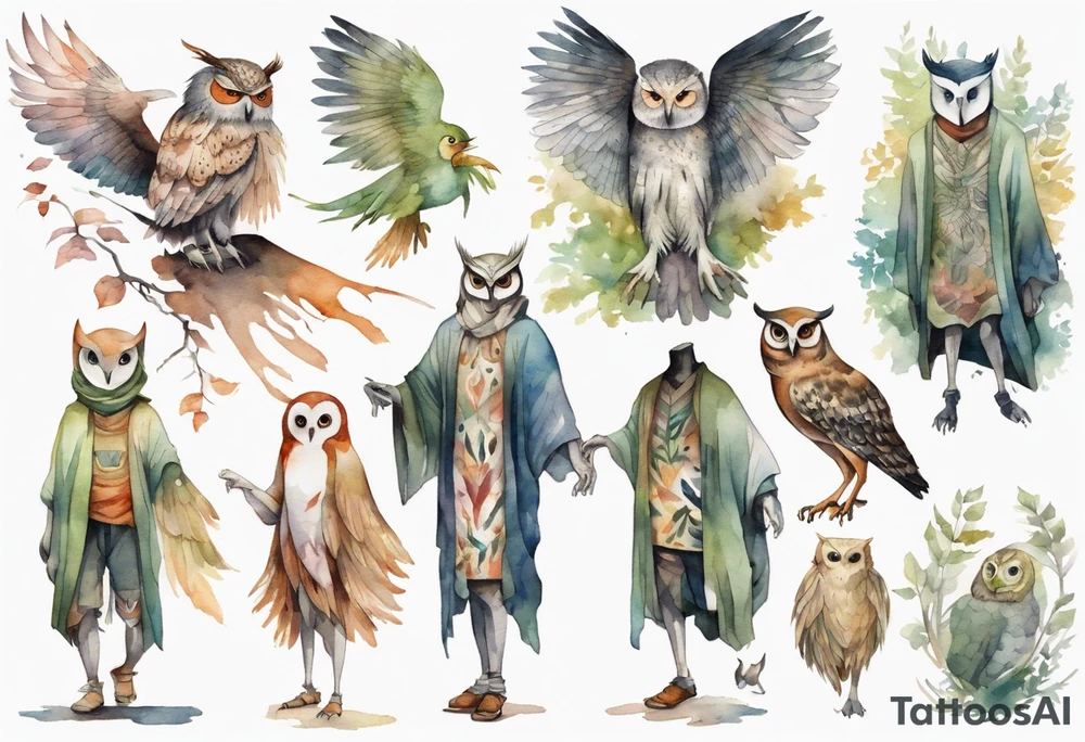 creature in a tunic wearing an owl mask walking in a forest with long thin legs, the feet of a bird, and wings instead of arms tattoo idea
