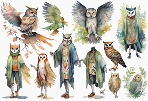 creature in a tunic wearing an owl mask walking in a forest with long thin legs, the feet of a bird, and wings instead of arms tattoo idea