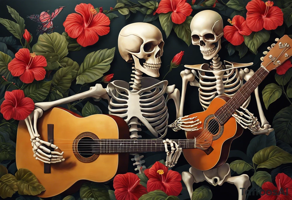 a female skeleton holding a hibiscus flower and a male skeleton playing a guitar. The scene should capture a moment of connection between the two, with the female skeleton attentively listening to the music played by the male skeleton. Emphasize the details of the hibiscus flower,  and the fluidity of the music being played on the guitar. tattoo idea