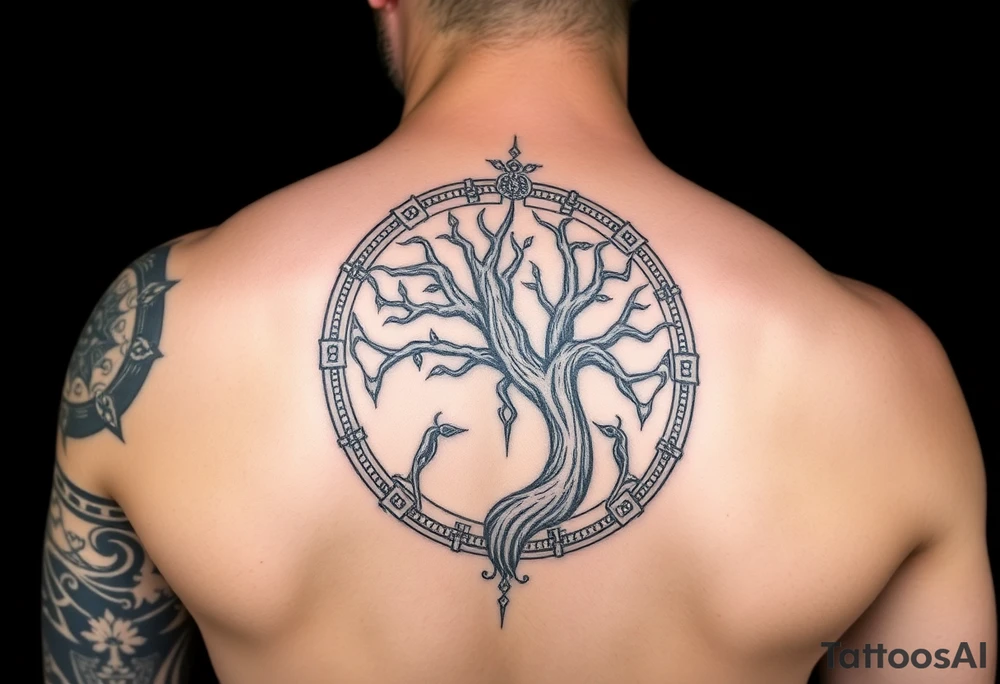 Norse sleeve tattoo which include web of wyrd, ÆGISHJÁLMR, Vegvisir, Yggdrasil, tattoo idea