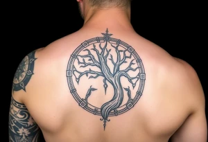 Norse sleeve tattoo which include web of wyrd, ÆGISHJÁLMR, Vegvisir, Yggdrasil, tattoo idea