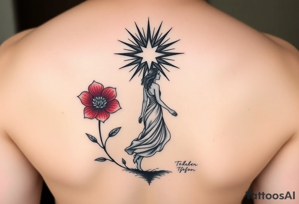 A highly artistic tattoo design with a central focus on a radiant star, symbolizing guidance and empowerment. Below the star, a deep crimson arghaman flower (scarlet flower) blooms gracefully, representing beauty and resilience. To the side, a free-spirited woman walks barefoot, embodying feminine strength and absolute freedom. The composition should evoke a sense of empowerment and liberation, with flowing lines and a dreamy, poetic atmosphere. The style should be artistic rather than hyper-realistic, with fine details, elegant line work, and a slightly abstract touch. The overall aesthetic should feel timeless, expressive, and deeply meaningful, capturing the essence of feminine power and freedom.
Make it small, black and white, the objects are tied together tattoo idea