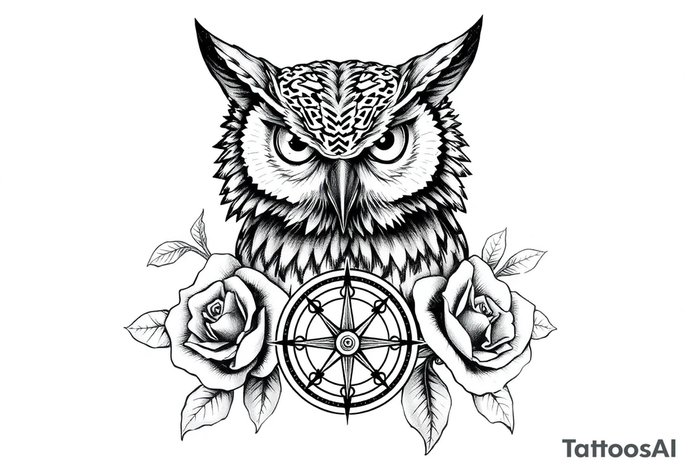 an owl,compass,roses, tattoo idea