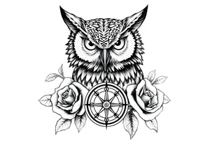 an owl,compass,roses, tattoo idea