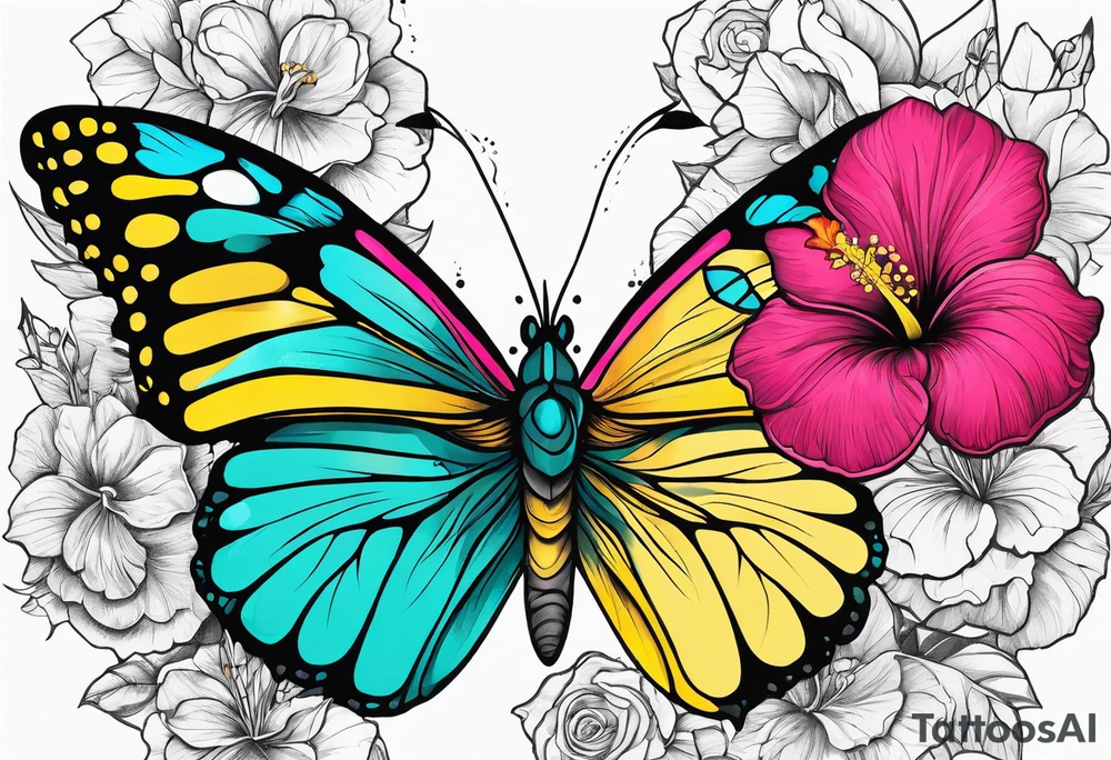 Butterfly, half flowers, hibiscus, roses, yellow, teal, pink tattoo idea
