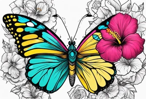 Butterfly, half flowers, hibiscus, roses, yellow, teal, pink tattoo idea