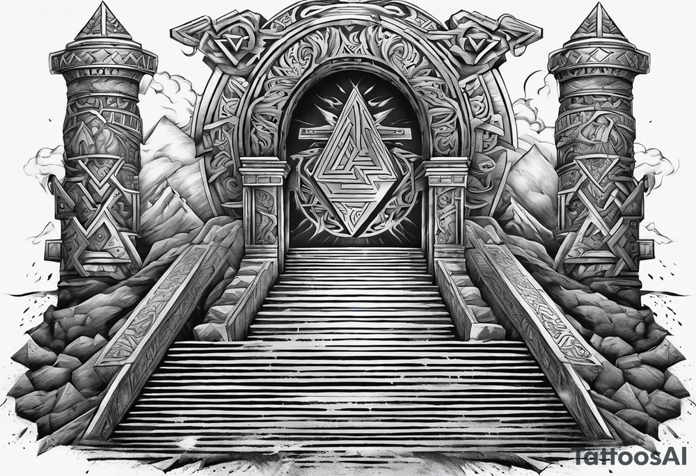 Valhalla stairs 
Valhalla stairs sword shield  axe 
Valknut  ruins lightnings tattoo idea