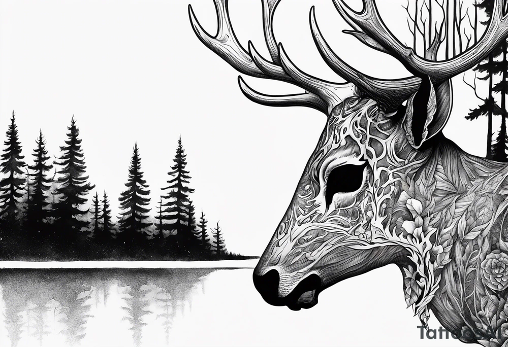 A side profile of decayed deer skull surrounded by trees and fire tattoo idea