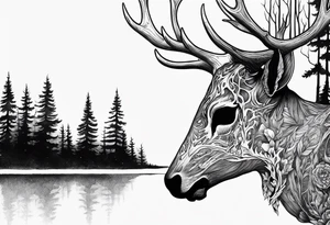 A side profile of decayed deer skull surrounded by trees and fire tattoo idea