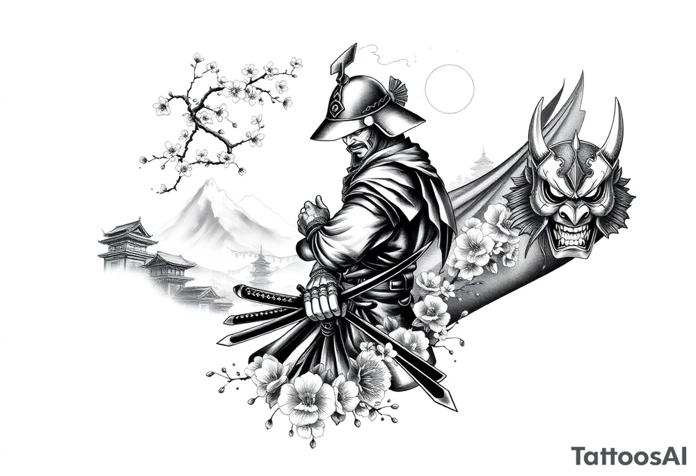 Design an all-black full arm sleeve tattoo featuring a Japanese samurai in full armor with a katana, positioned dynamically. Surrounding the samurai are flowing cherry blossoms, a misty mountain range, and traditional Japanese structures like a pagoda. On the inner forearm, include a detailed Oni mask with sharp features and exaggerated shading. Use dark, dense black ink to create depth, with smooth transitions between the elements, blending the samurai, blossoms, mask, and mountains into a cohesive, flowing design tattoo idea
