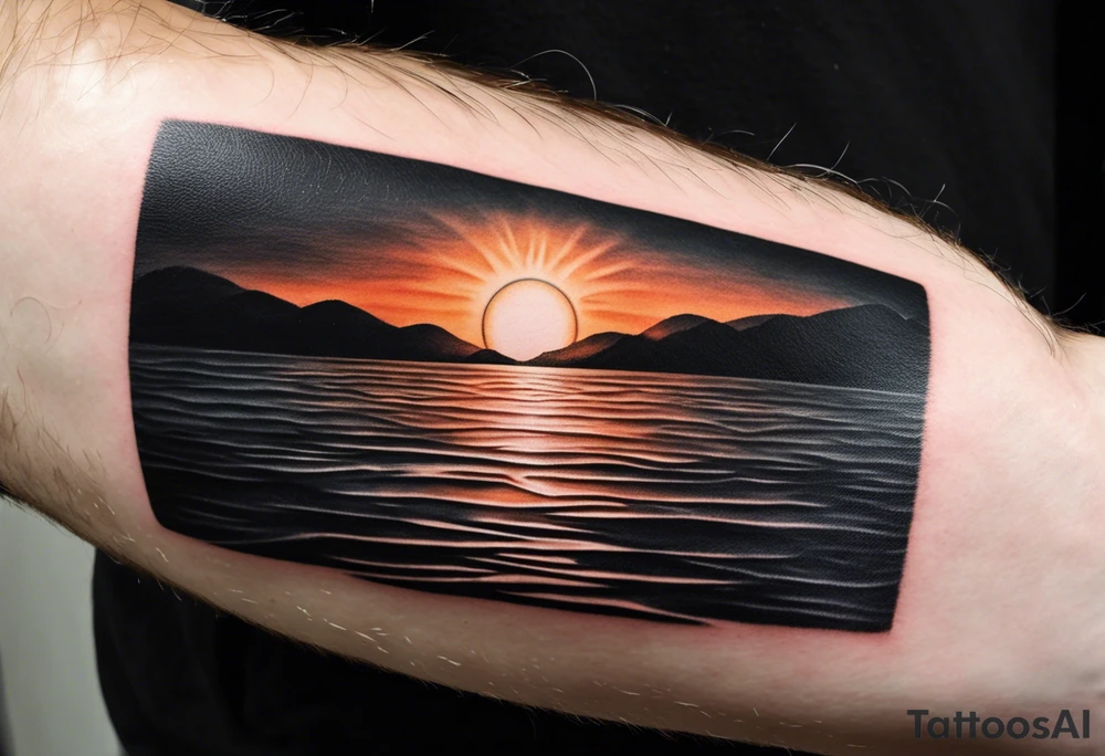 Minimalistic, small, black and white tattoo on male forearm. From the perspective of being on the ocean, the water is calm, with no waves in sight, the sun is setting behind the ocean, reflecting light onto the water. The tattoo in the shape of a rectangle, 4 inches wide by 2 inches tall. tattoo idea