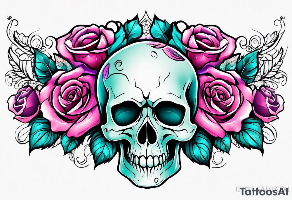 roses, skulls, teal, pink, purple tattoo idea