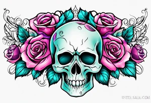 roses, skulls, teal, pink, purple tattoo idea