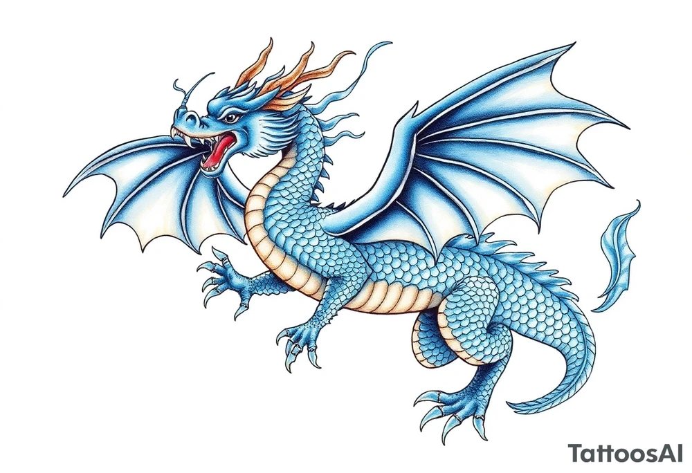 Blue fire breathing dragon with wings spread tattoo idea