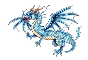 Blue fire breathing dragon with wings spread tattoo idea