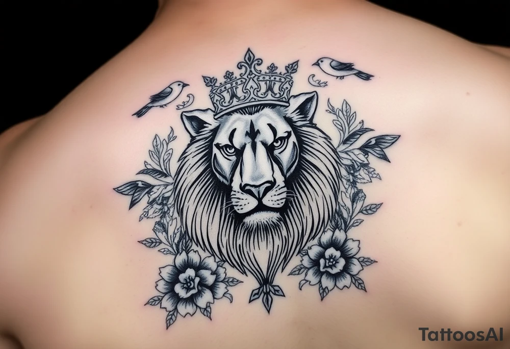 powerful majestic lion with a crown, surrounded by floral ornaments and birds tattoo idea