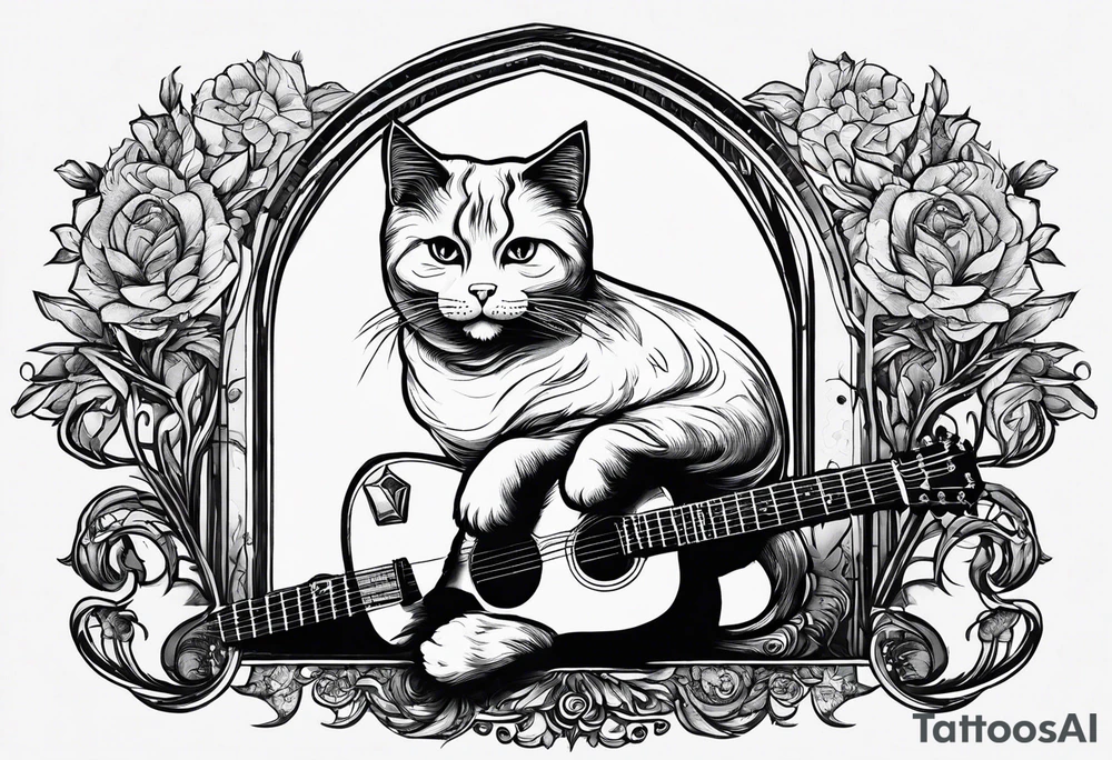 A cat playing acoustic guitar and sitting on a cajon. Dont forget the cajon. CAJON!!!! tattoo idea