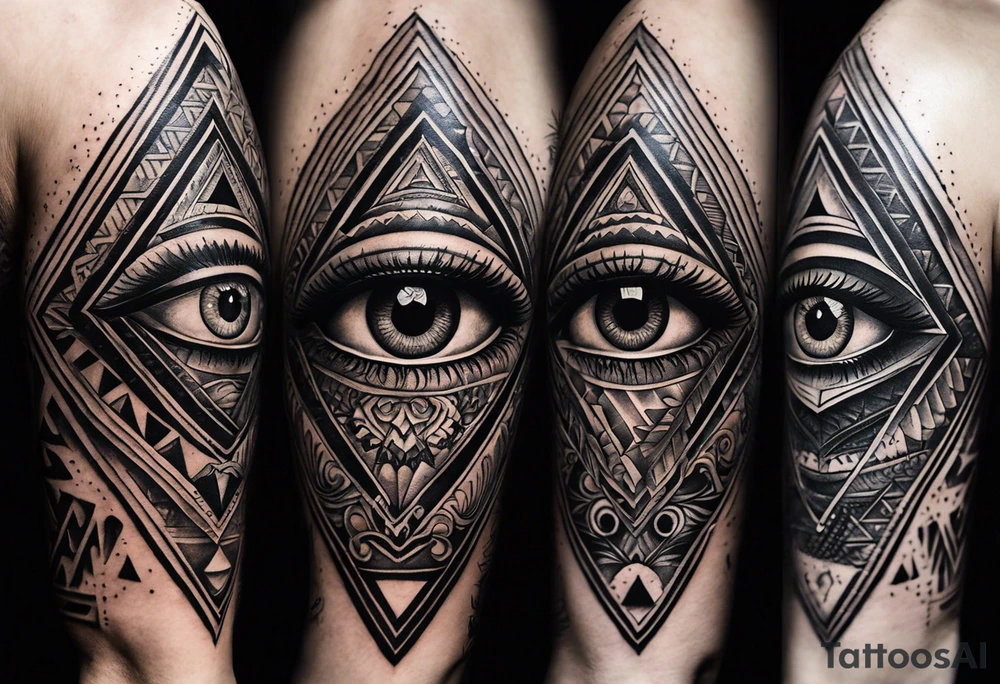A full tattoo sleeve designed with a masculine and striking aesthetic, featuring a central motif of a beautifully detailed eye inside a triangle, symbolizing the all-seeing eye or third eye. This eye is depicted with intricate detailing, conveying depth and a sense of profound insight. The triangle around the eye is sharp and precise, emphasizing the symbolism of enlightenment and perception. Surrounding this central element, incorporate roses and leaves, each rendered with a bold and refined style. The roses, rich in detail, represent beauty and resilience, while the leaves add a touch of natural elegance. Integrate these floral elements into an ordered geometric pattern that complements and frames the central eye. The geometric patterns should be clean and structured, creating a harmonious contrast with the organic shapes of the roses and leaves. The overall design features strong contrasts and dark shading to highlight the details and enhance the visual impact, resulting in a powerful, masculine sleeve with a balanced blend of symbolism and aesthetics tattoo idea