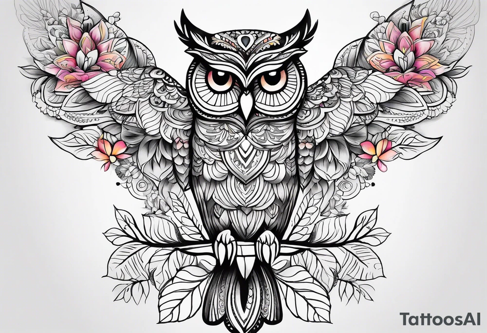 colorful mandala, boho, feminine, for upper back, leaves, owl, flowers tattoo idea