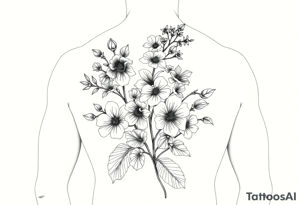 Full sleeve tattoo design of larkspur and hawthorn flowers, highly detailed line art, black ink, elegant botanical style, intertwined composition, no shading, no human mock-up, clean stencil style suitable for tattooing, fit fully within boundaries. LINE ART ONLY, REMOVE HUMAN, NO SKIN tattoo idea