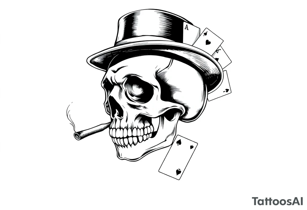 skull with mustache, cigar in his mouth,top-hat on his head and playing cards in his hand. tattoo idea